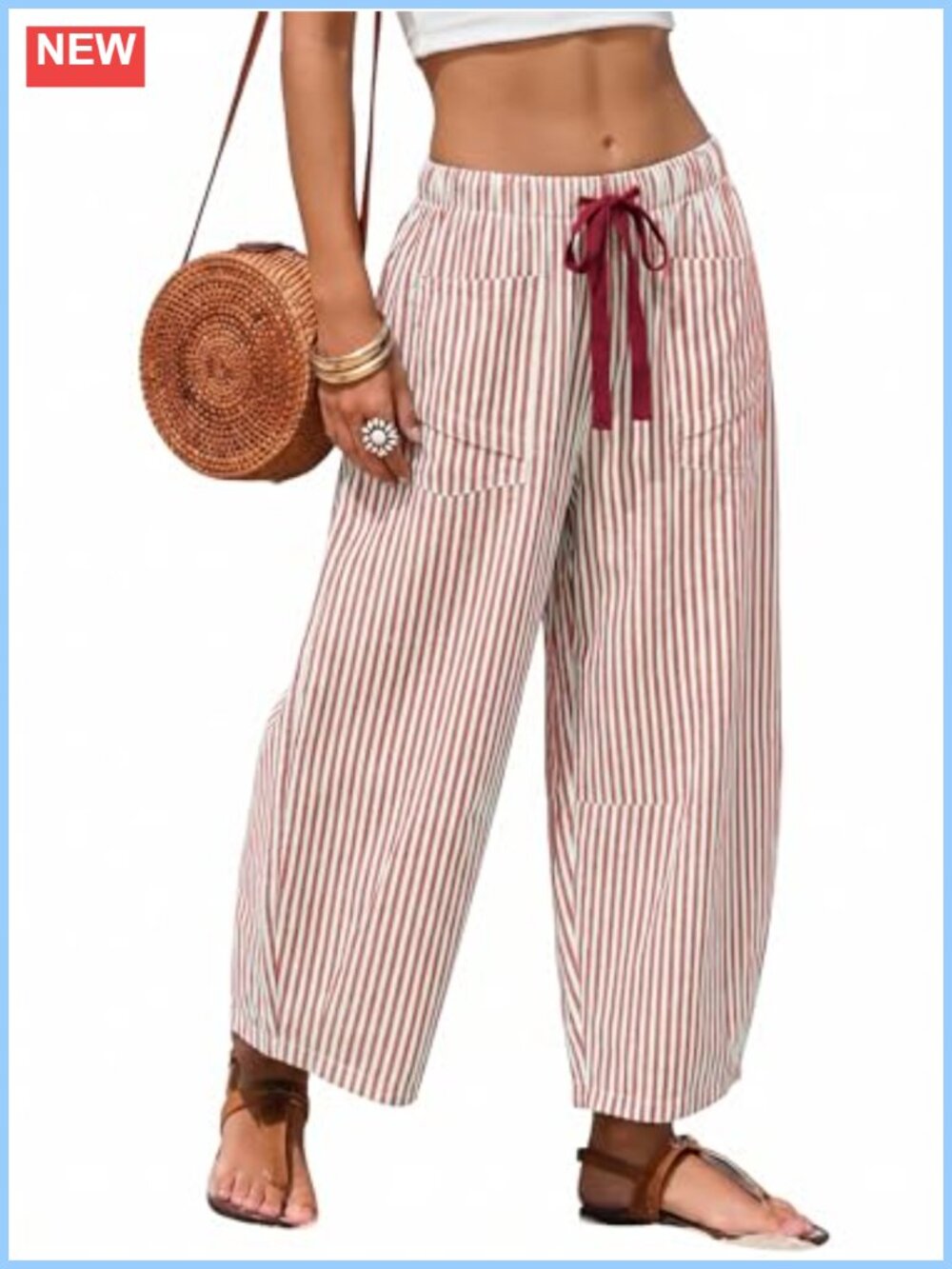 Womens Casual Wide Leg Barrel Striped Pants, High Rise Drawstring Lightweight